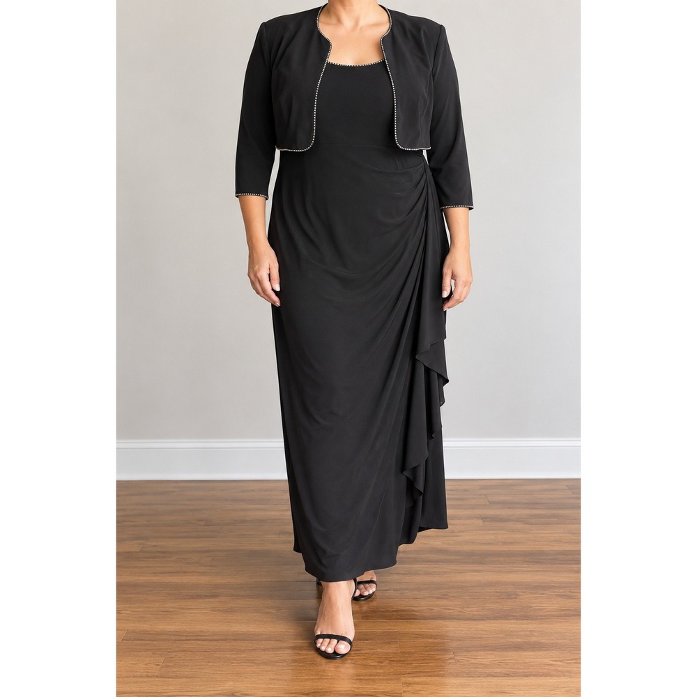 Alex Evenings 2 Piece Maxi Dress Crop Jacket 16 Black Rhinestone Ruched Formal